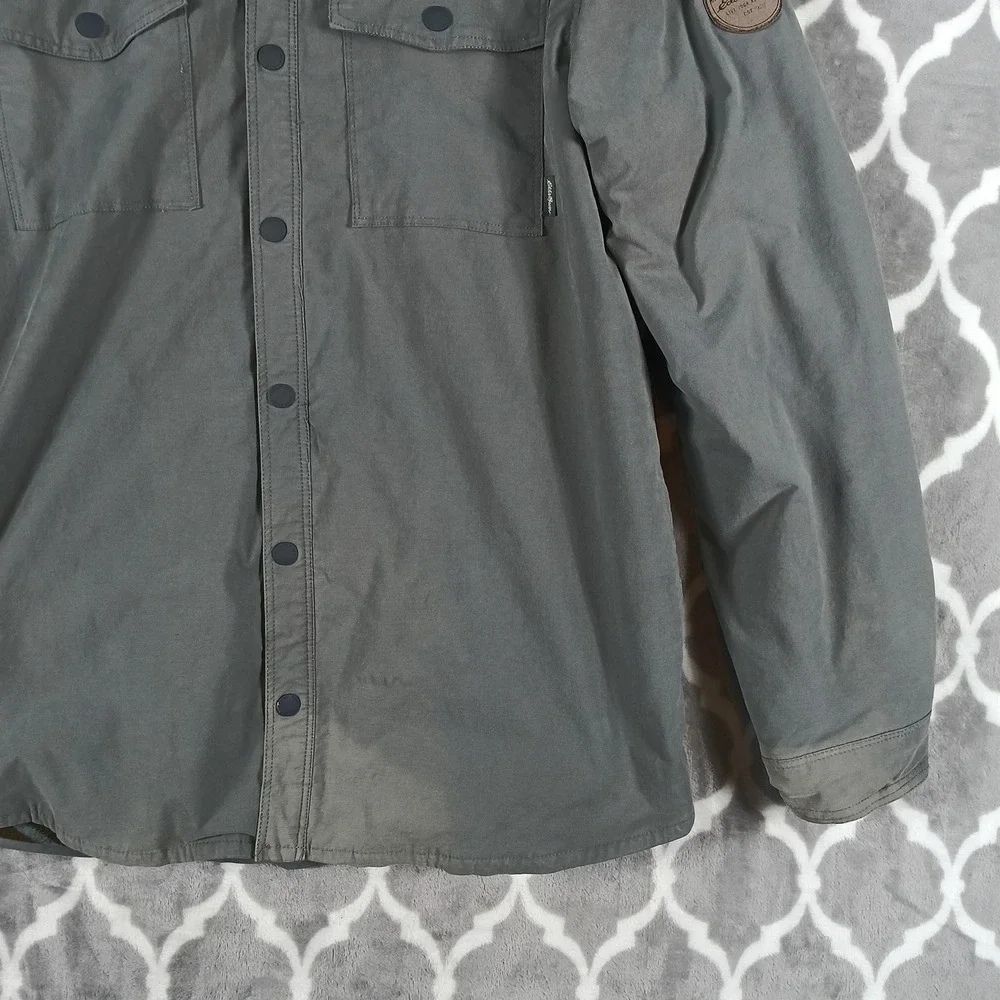 Eddie Bauer Shirt Jacket Men L Gray Fleece Lined Snap Up Aztec Geometric Lining